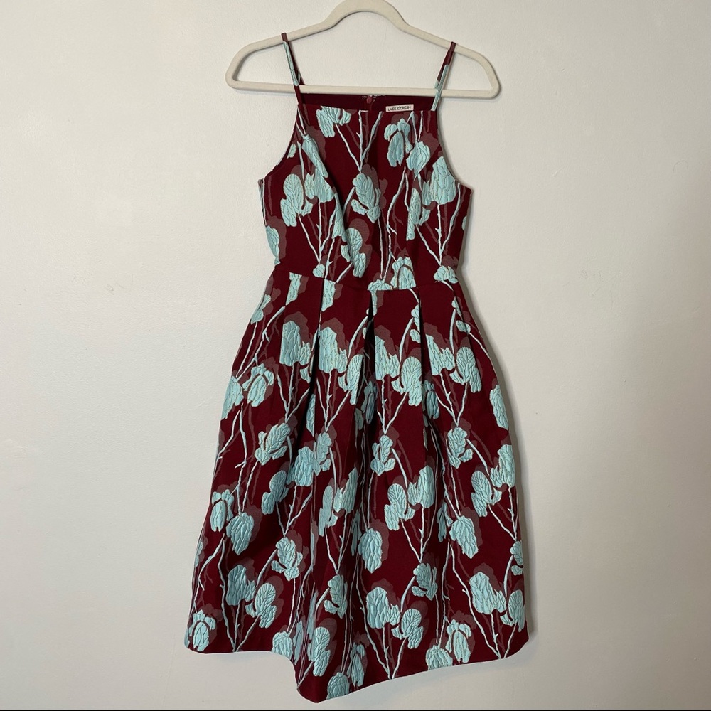 Lace and Mesh burgundy teal gold floral jacquard dress with pockets size XS